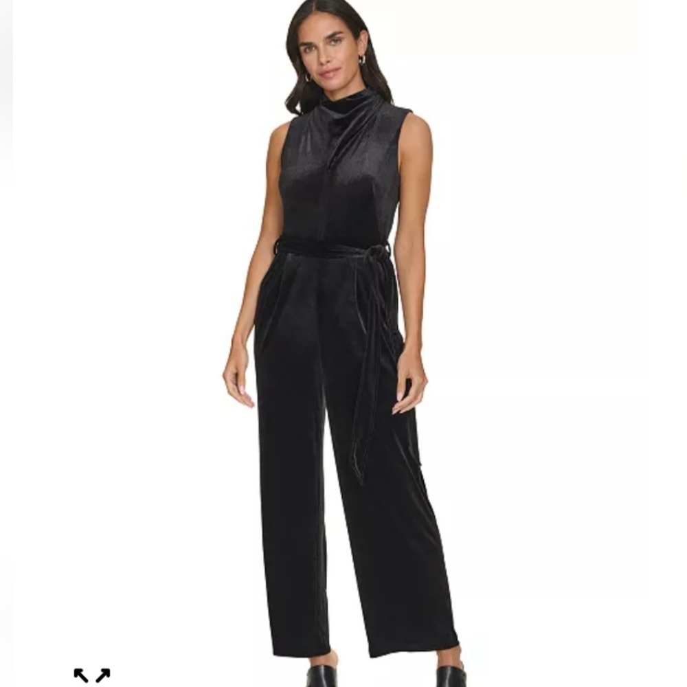 Calvin Klein Black Tie-Waist Black Velvet Sleeveless Jumpsuit Size 4